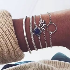 New Free People Silver-tone Boho 5 Piece  Bracelet Set Cuff Chain Lotus Stack